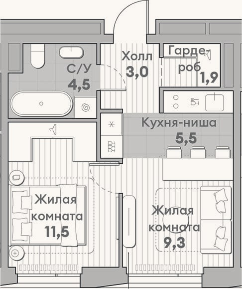 Планировка: 2-к, 35,7 м²