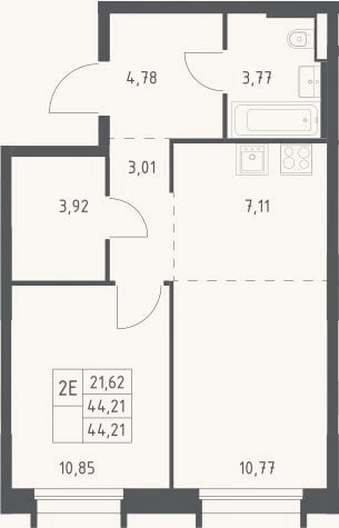 Планировка: 2-к, 44,2 м²