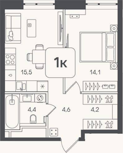 Планировка: 1-к, 42,8 м²