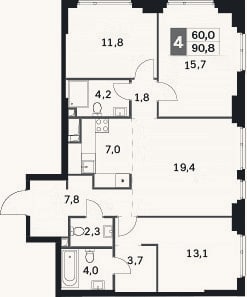 Планировка: 4+ к, 90,8 м²