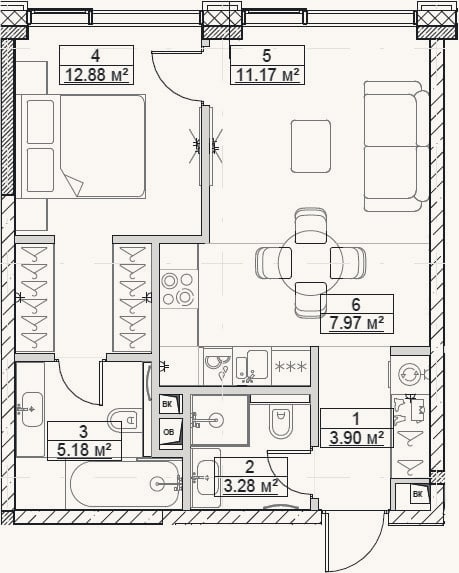 Планировка: 2-к, 44,4 м²