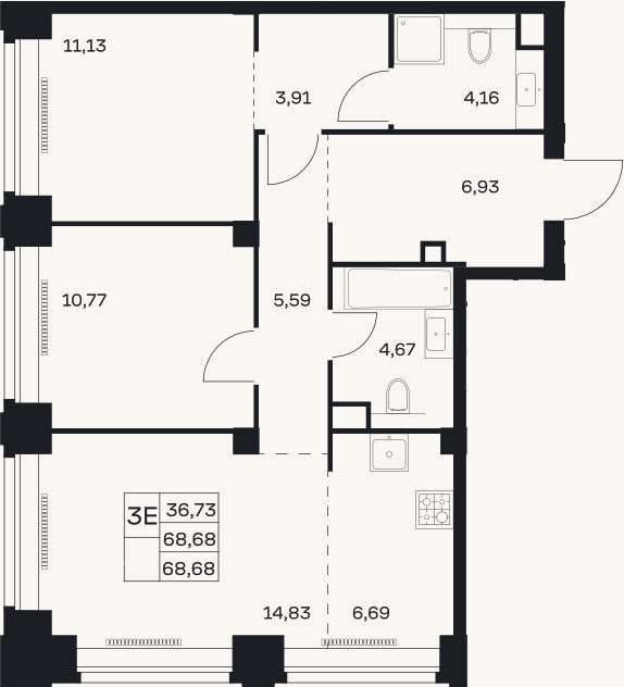Планировка: 3-к, 68,7 м²