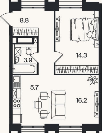 Планировка: 2-к, 48,9 м²