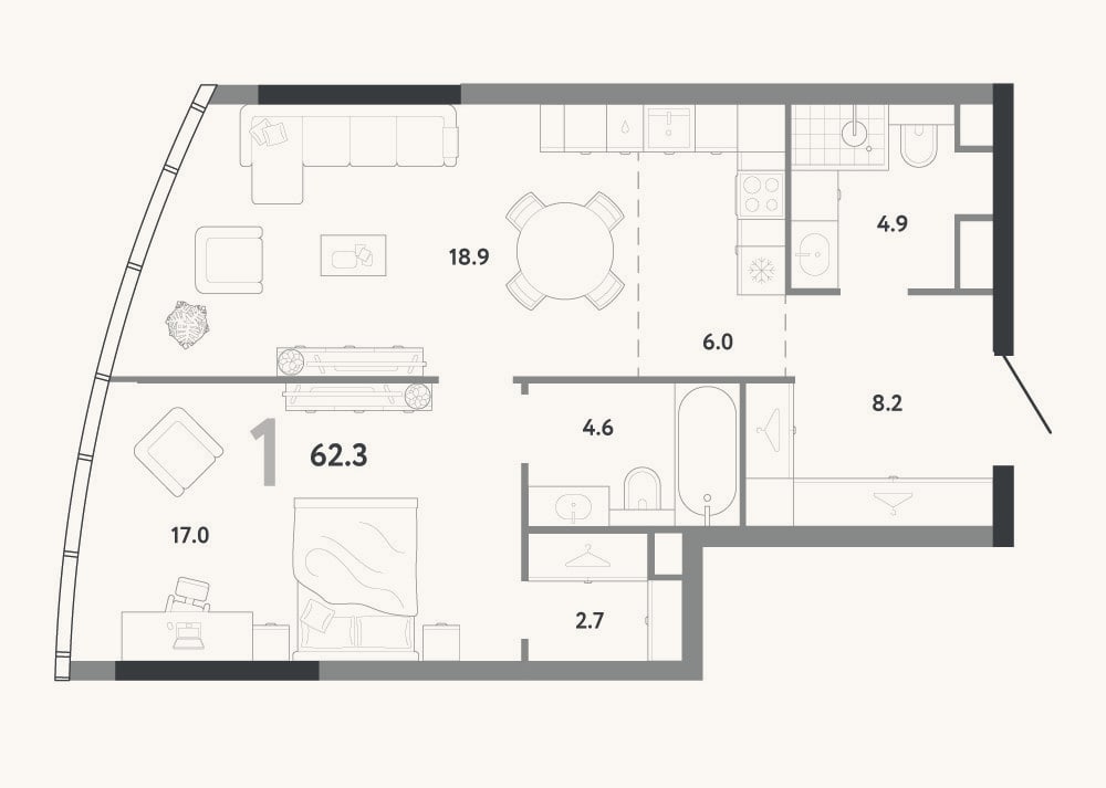 Планировка: 2-к, 62,3 м²