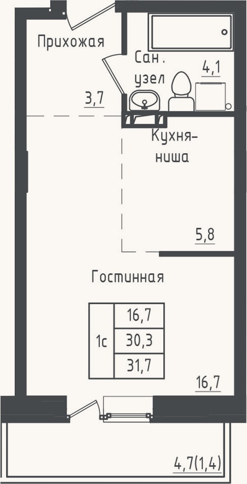 Планировка: Студия, 30,3 м²