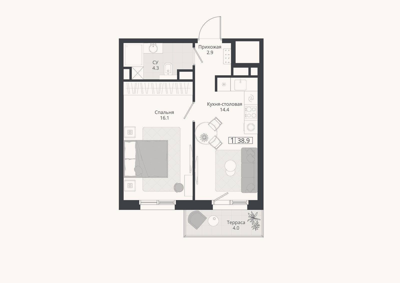 Планировка: 2-к, 37,7 м²