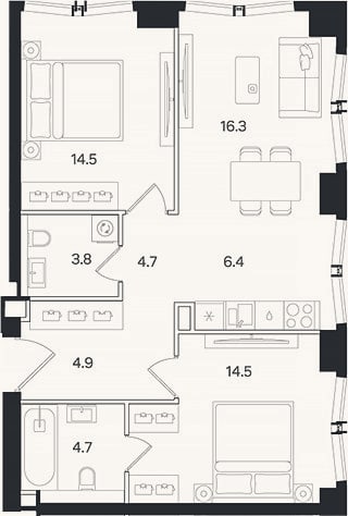 Планировка: 3-к, 69,8 м²