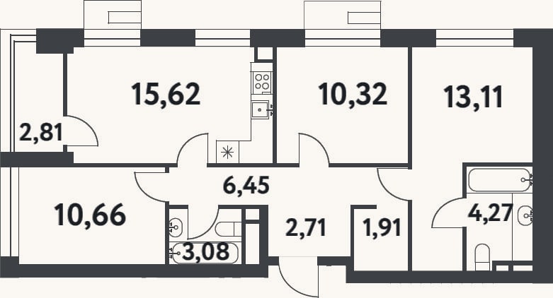 Планировка: 3-к, 68,1 м²
