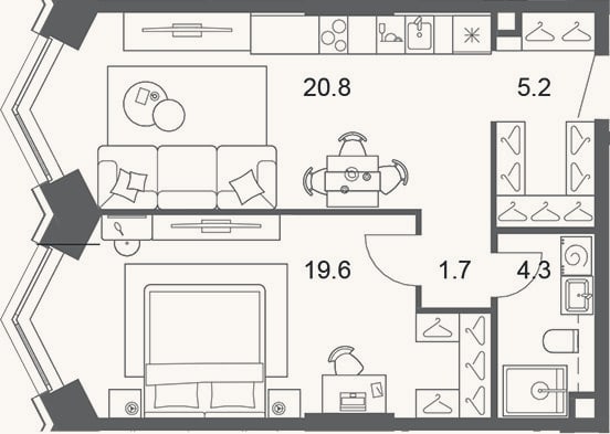 Планировка: 2-к, 51,6 м²