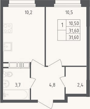 Планировка: 1-к, 31,6 м²
