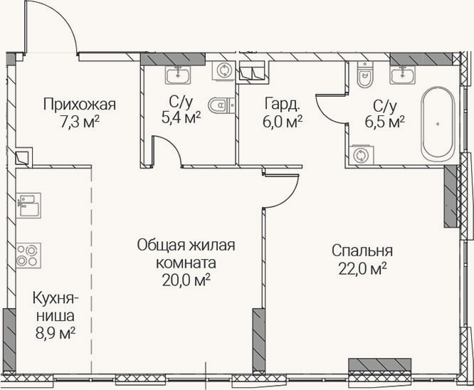 Планировка: 2-к, 76,1 м²