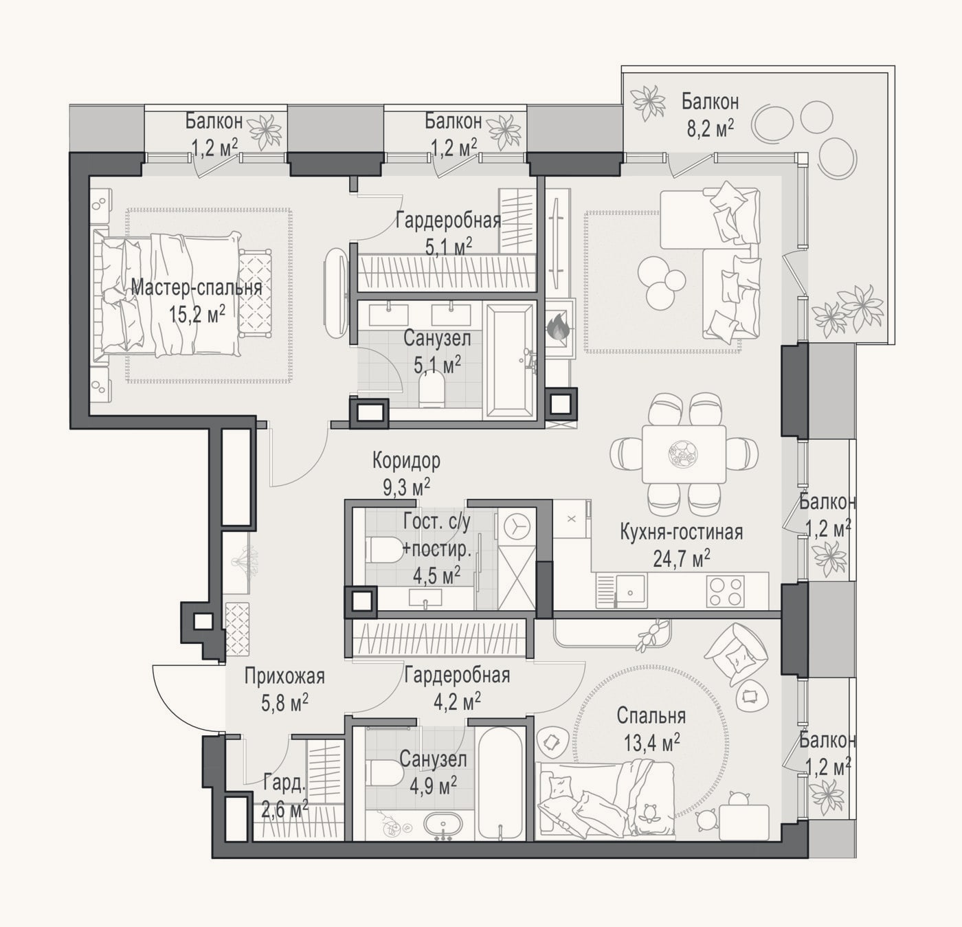 Планировка: 3-к, 91,7 м²