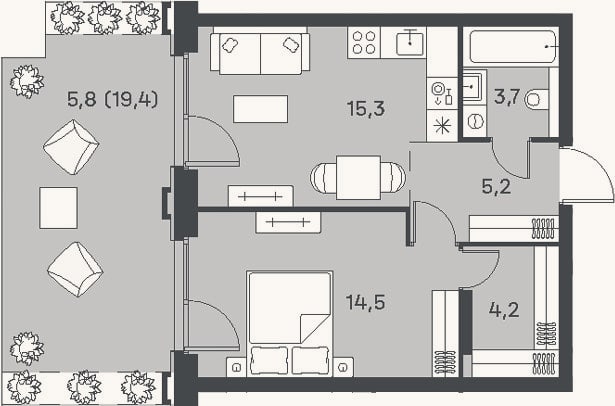 Планировка: 2-к, 42,9 м²
