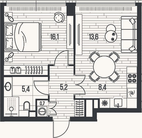 Планировка: 2-к, 49,4 м²