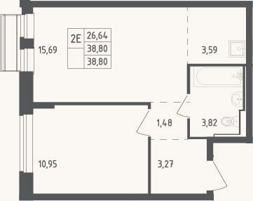 Планировка: 2-к, 38,8 м²