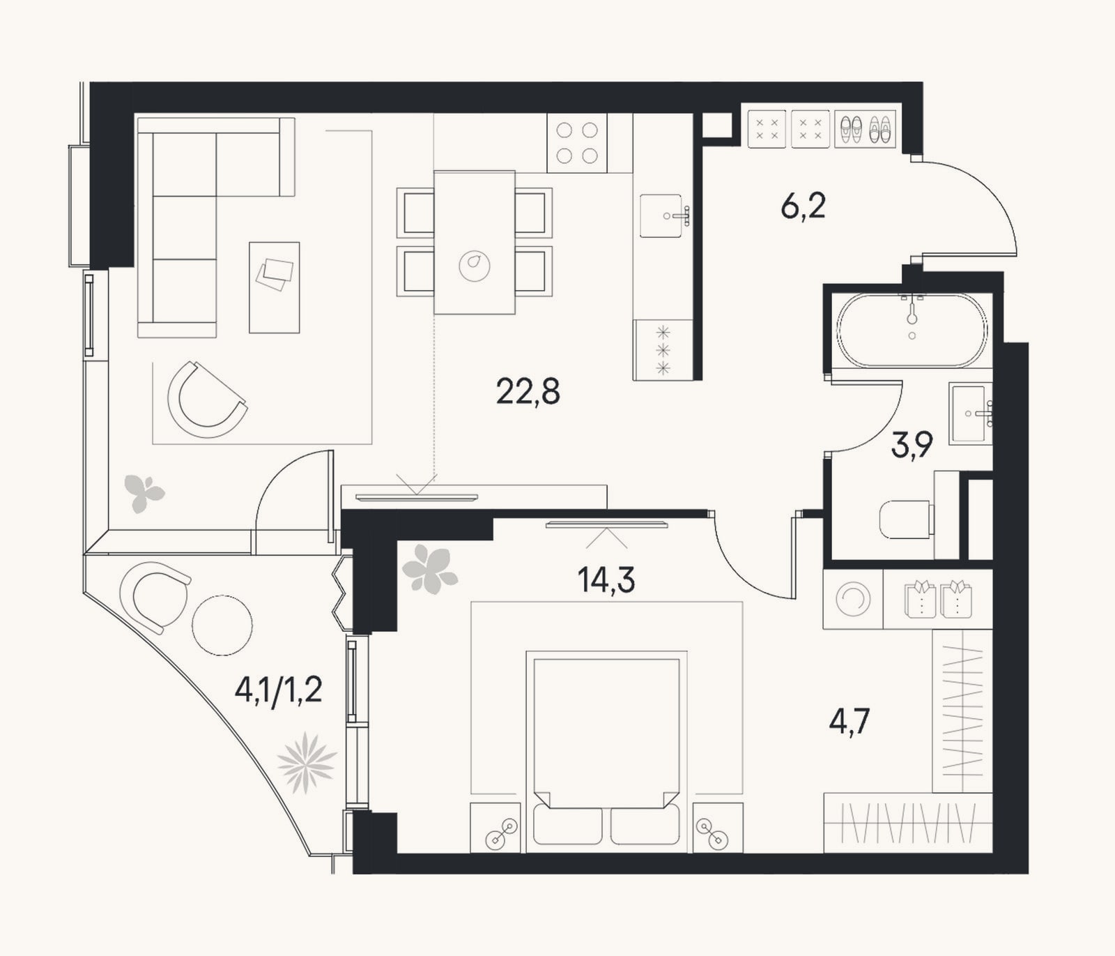 Планировка: 2-к, 51,9 м²