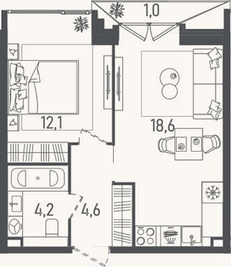 Планировка: 2-к, 39,5 м²