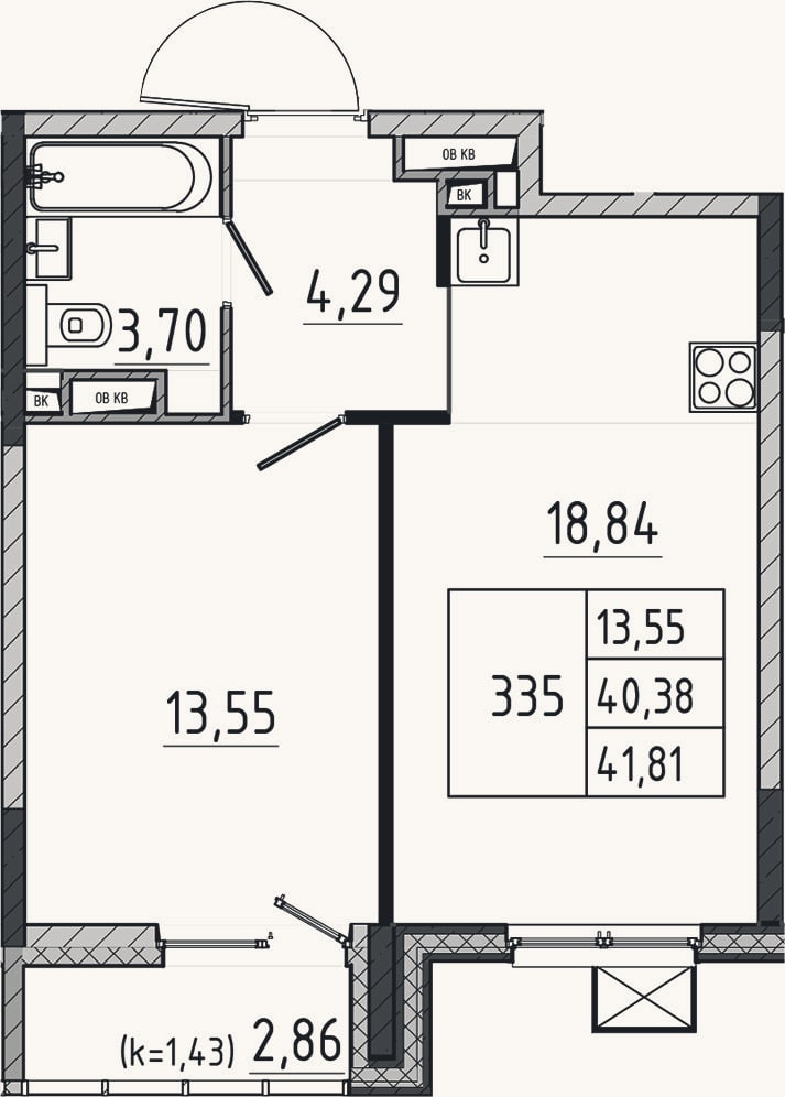 Планировка: 2-к, 40,4 м²
