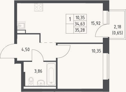 Планировка: 2-к, 34,6 м²