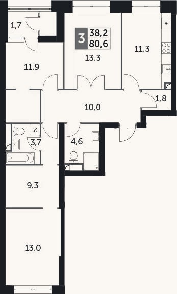 Планировка: 3-к, 78,9 м²