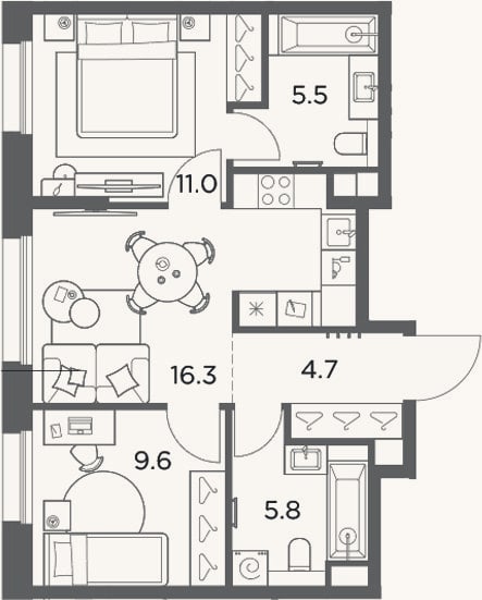 Планировка: 2-к, 52,9 м²