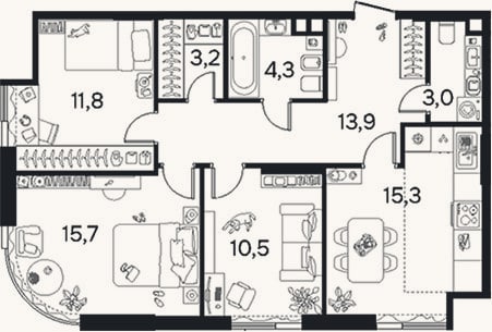 Планировка: 3-к, 77,5 м²