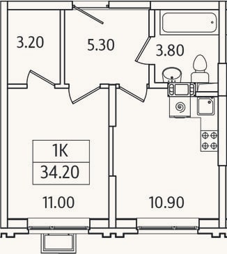 Планировка: 1-к, 34,2 м²