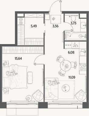 Планировка: 2-к, 45,6 м²
