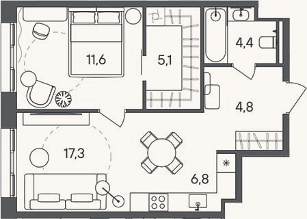 Планировка: 2-к, 50 м²