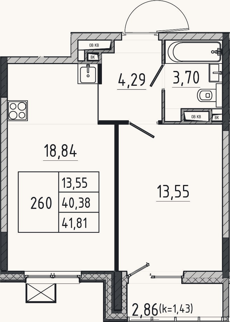 Планировка: 2-к, 40,4 м²