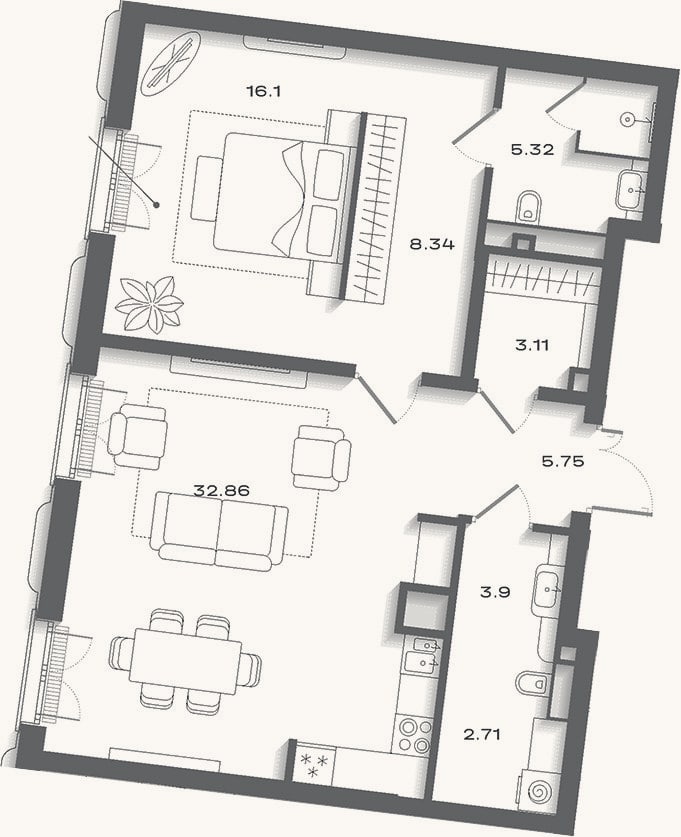Планировка: 2-к, 82 м²