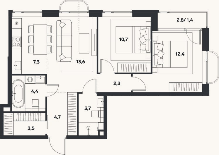 Планировка: 3-к, 62,6 м²
