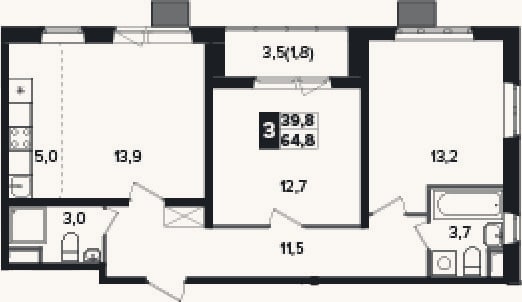 Планировка: 3-к, 63 м²