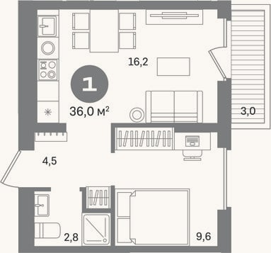 Планировка: 1-к, 33 м²