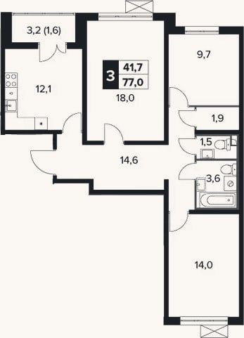 Планировка: 3-к, 75,4 м²