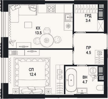 Планировка: 1-к, 38,5 м²