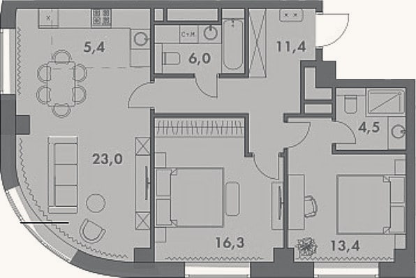 Планировка: 3-к, 80 м²