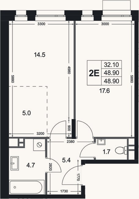Планировка: 2-к, 48,9 м²