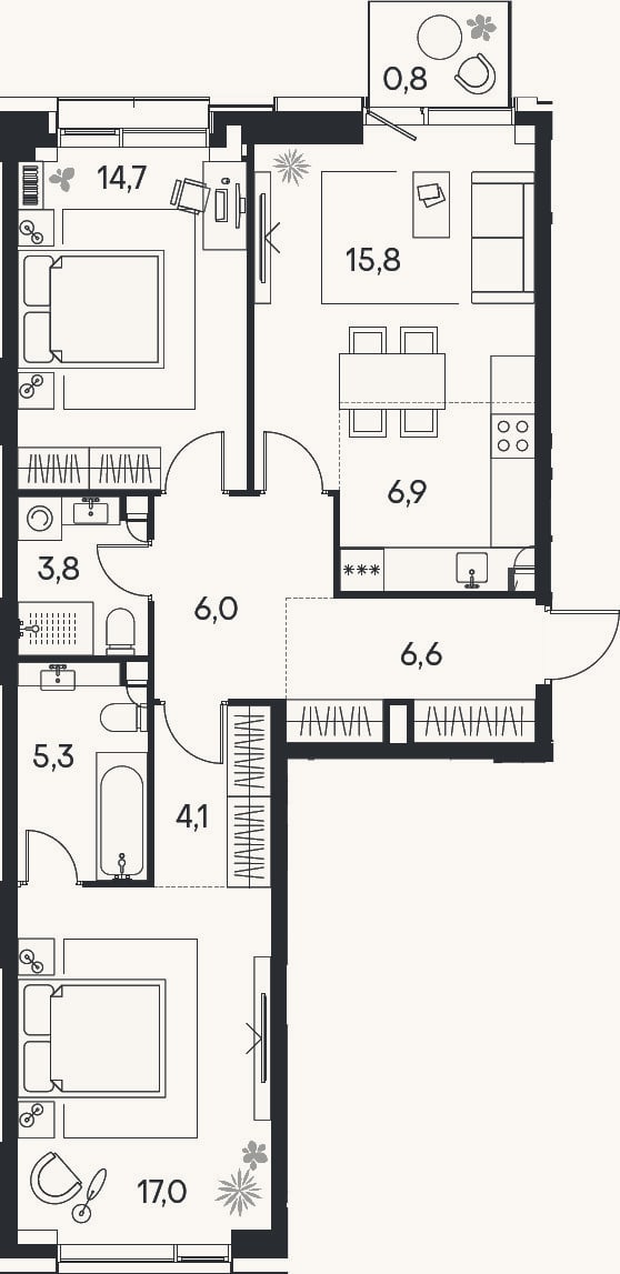 Планировка: 3-к, 80,2 м²