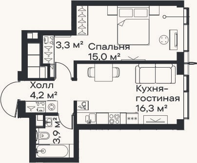 Планировка: 2-к, 42,7 м²