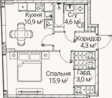 Планировка: 1-к, 38,7 м²