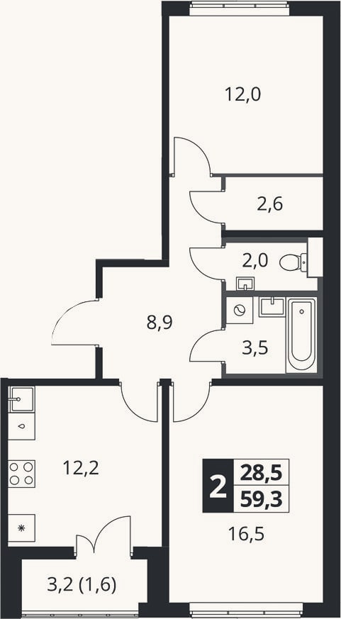 Планировка: 2-к, 57,7 м²