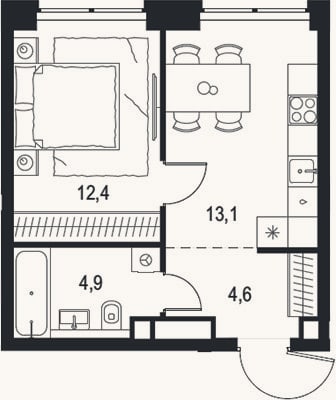 Планировка: 1-к, 35 м²