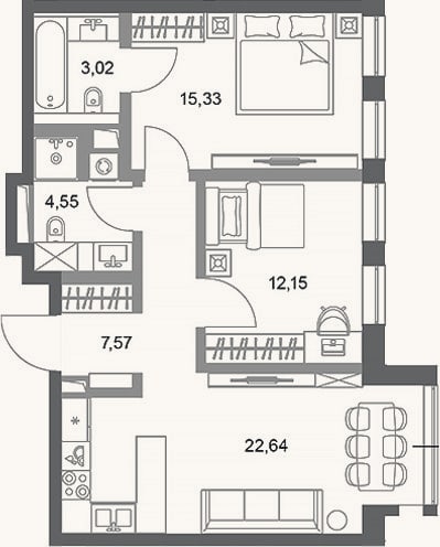 Планировка: 2-к, 65,3 м²