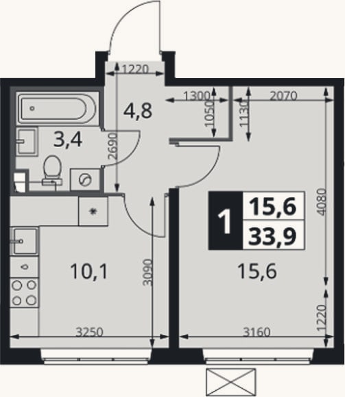 Планировка: 1-к, 33,9 м²