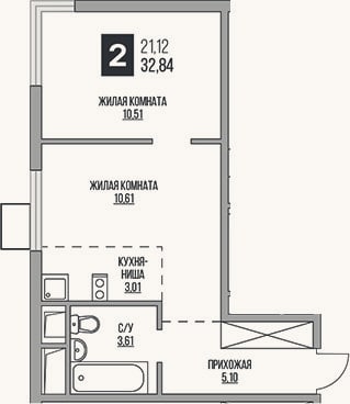 Планировка: 2-к, 32,8 м²