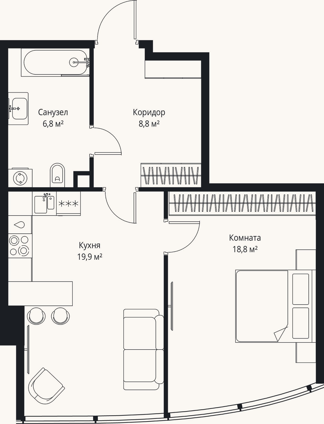 Планировка: 2-к, 54,3 м²