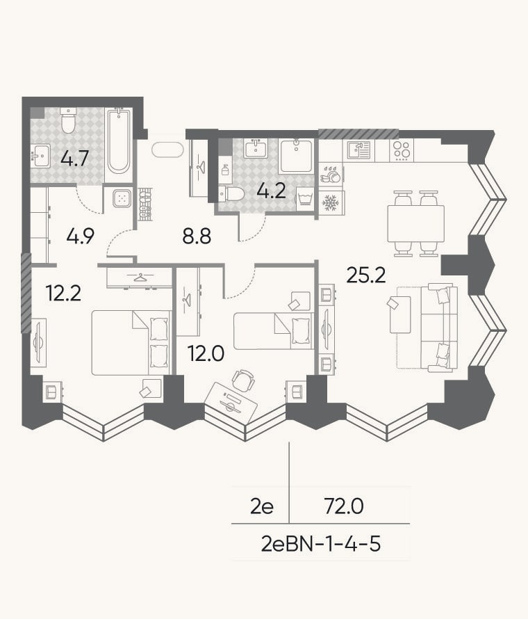 Планировка: 3-к, 72 м²