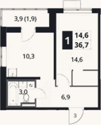 Планировка: 1-к, 34,8 м²