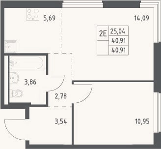 Планировка: 2-к, 40,9 м²